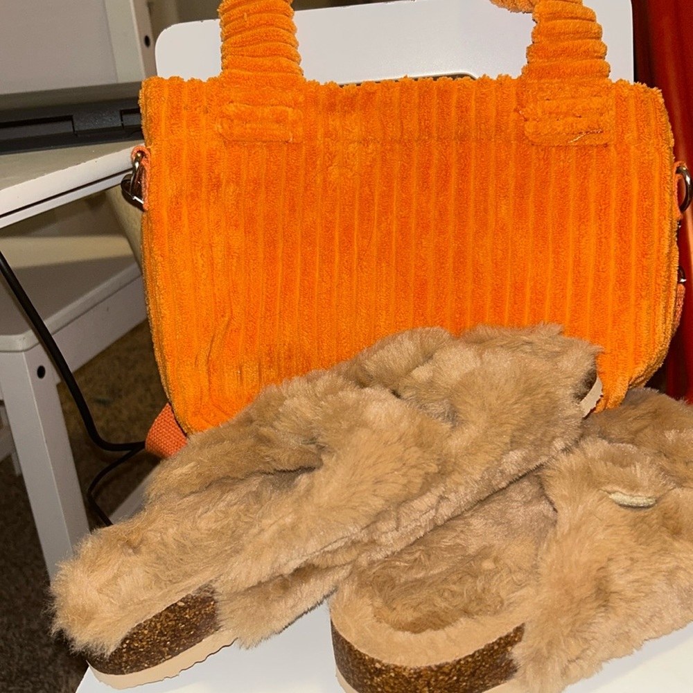 Orange corduroy crossbody and fuzzy slides!